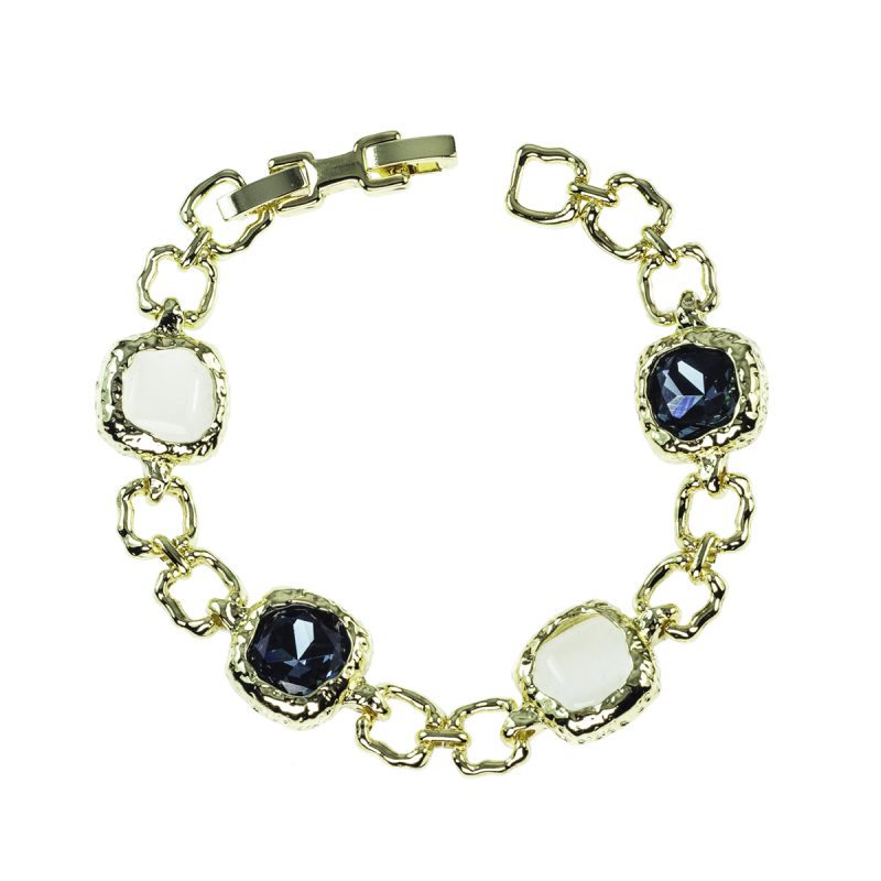 Bracciale in metallo anallergico con pietre cabochon beige e pietre nera con vera placcatura oro Giallo - BC2018G