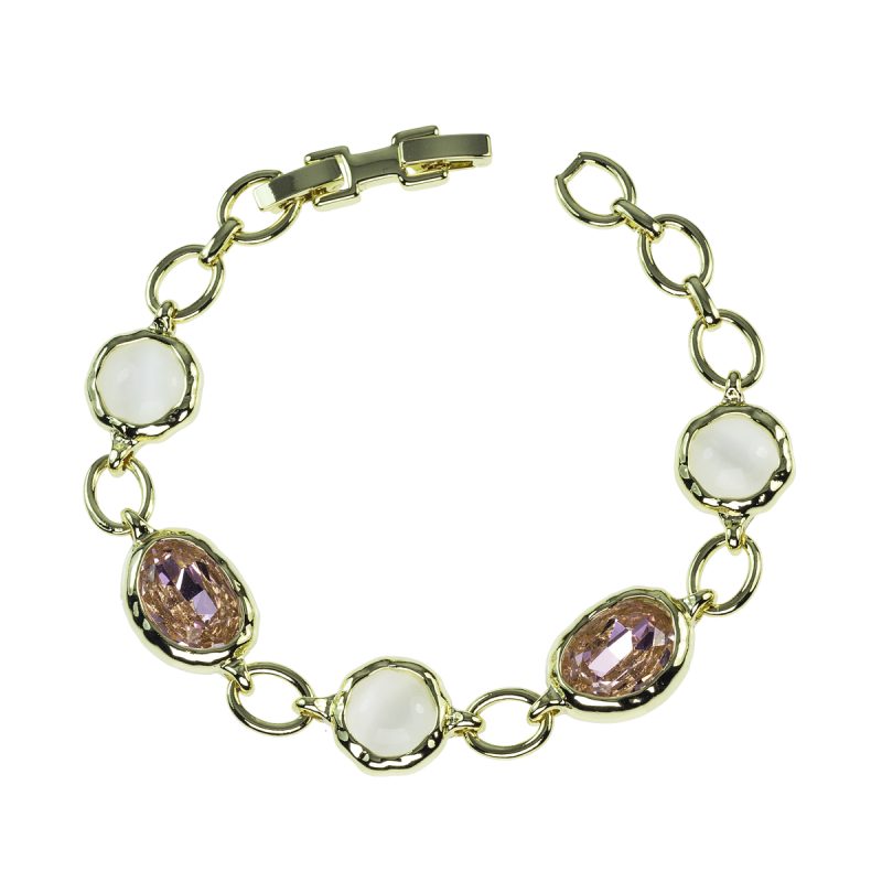 Bracciale in metallo anallergico con pietre cabochon beige e pietre rosa con vera placcatura oro Rosa - BC2019G