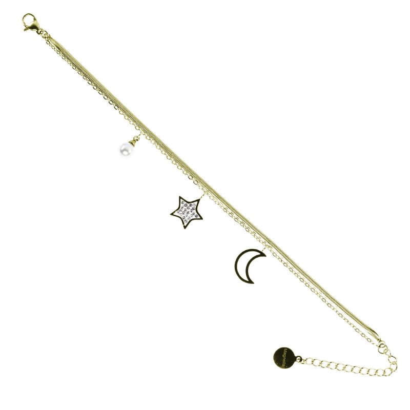 Bracciale in acciaio con doppio filo e pendenti stella e luna - BC7116G