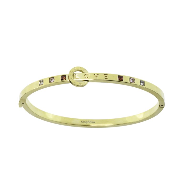 Bracciale Love in acciaio ip gold rigido con zirconi cubici colorati - BC71124G