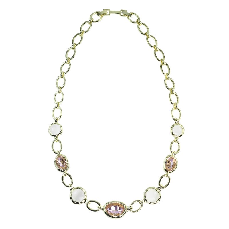 Collana Girocollo in metallo anallergico e vera placcatura oro Giallo e pietre cabochon Beige e pietre rosa - CL2019G