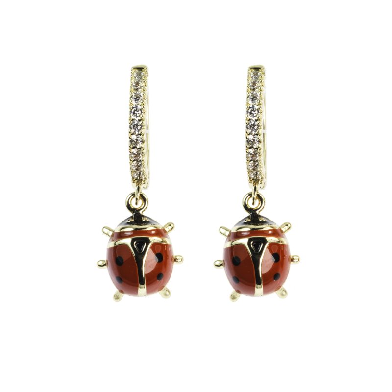 Orecchini in metallo anallergico con vera placcatura e zirconi cubici Bianchi e pendente Coccinella - OR5105G