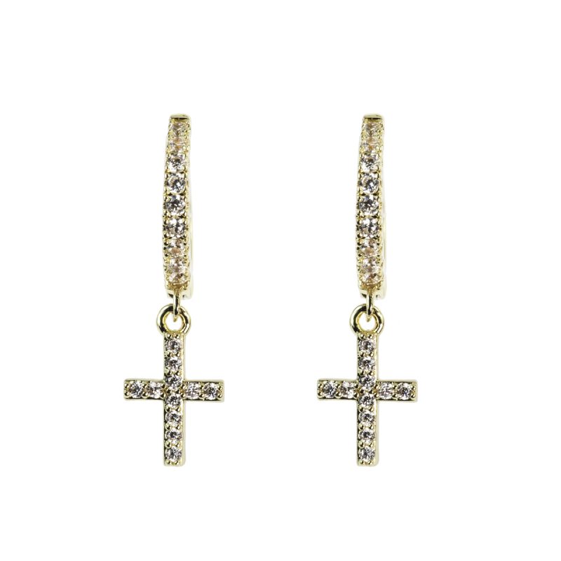 Orecchini in metallo anallergico con vera placcatura Oro Giallo e zirconi Bianchi e pendente Croce - OR5109G