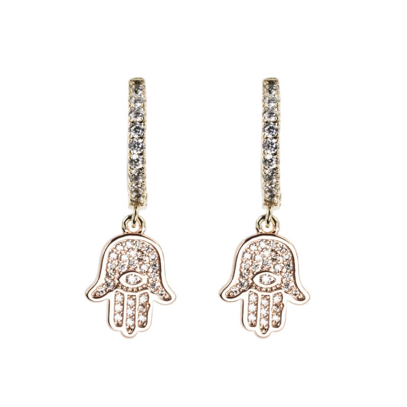 Orecchini in metallo anallergico con vera placcatura e zirconi cubici Bianchi e pendente Mano di Fatima - OR5111R